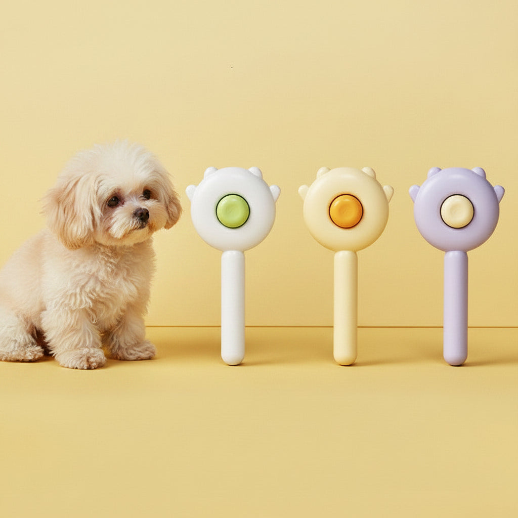 Three colorful handheld toys with round ends on a yellow background